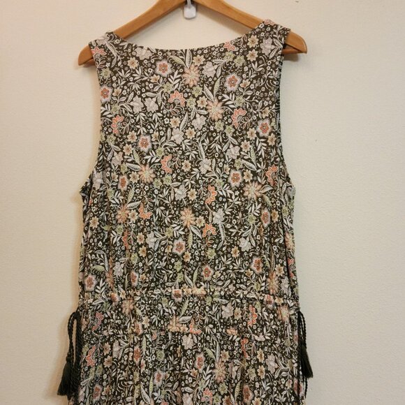 J Jill TierMaxi Floral Dress Women L Boho Khaki Green Slvless Cottage core Chic - Picture 11 of 14